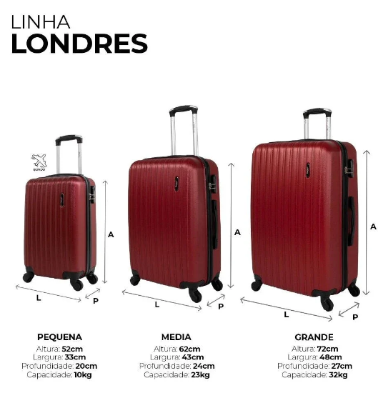 Kit 3 Malas de Viagem ABS, P, M e G com Segredo Numérico, 4 Rodas 360° Londres Swiss Move