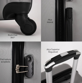 Kit 3 Malas de Viagem ABS, P, M e G com Segredo Numérico, 4 Rodas 360° Londres Swiss Move