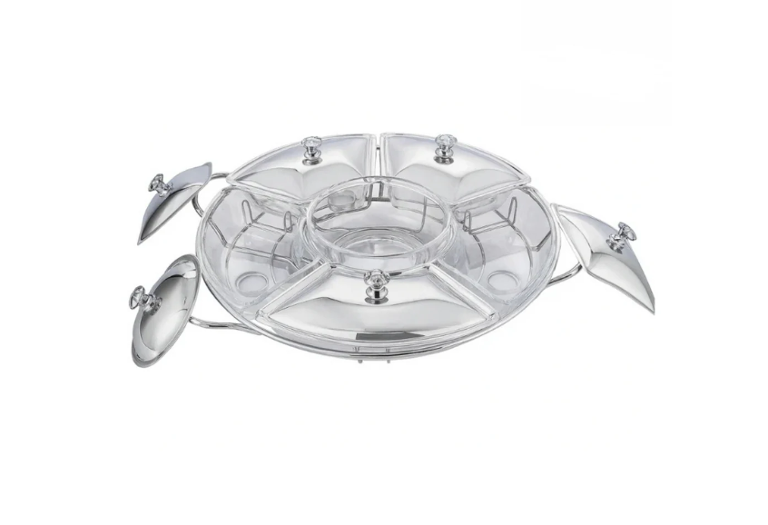 RECHAUD GIRATÓRIO COM 6 COMPARTIMENTOS - AÇO INOX E VIDRO 52CM