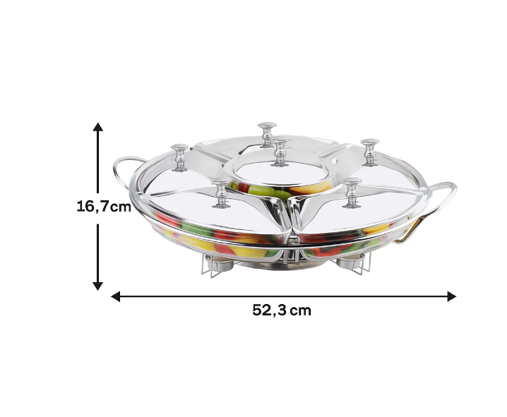 RECHAUD GIRATÓRIO COM 6 COMPARTIMENTOS - AÇO INOX E VIDRO 52CM
